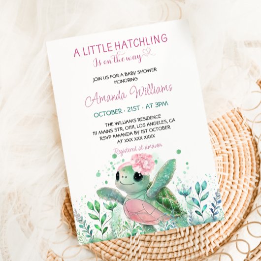 Invitation Baby Shower Fille Tortue Rose 
