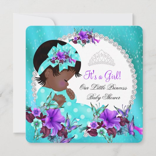 Invitation Baby shower fille Turquoise bleu pourpre Floral (Devant)