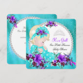 Invitation Baby shower fille Turquoise bleu pourpre floral 3 (Devant / Derrière)