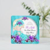 Invitation Baby shower fille Turquoise bleu pourpre floral 3 (Debout devant)