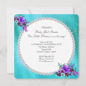 Invitation Baby shower fille Turquoise bleu pourpre floral 3 (Dos)