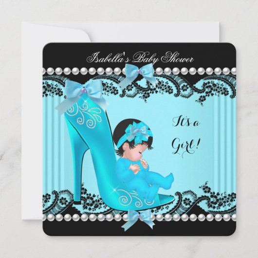 Invitation Baby shower fille Turquoise Blue Chaussure (Devant)