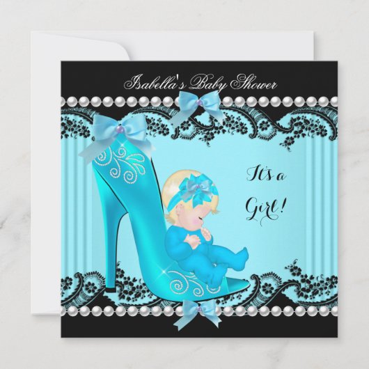 Invitation Baby shower fille Turquoise Blue Chaussure Blonde (Devant)
