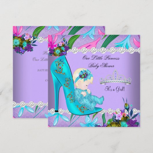 Invitation Baby shower fille Turquoise violet floral Chaussur (Devant / Derrière)