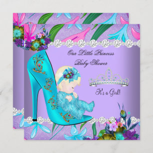 Invitation Baby shower fille Turquoise violet floral Chaussur