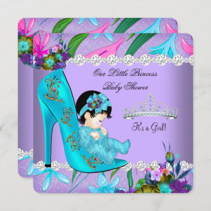 Invitation Baby shower fille Turquoise violet floral chaussur