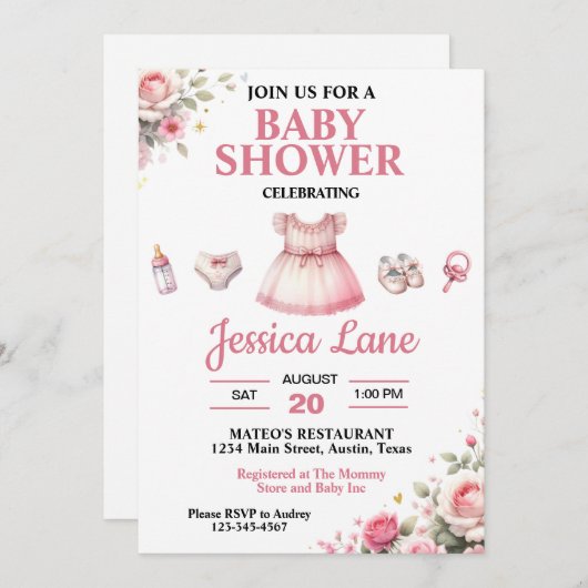 Invitation Baby shower fille Tutu rose clair (Devant / Derrière)