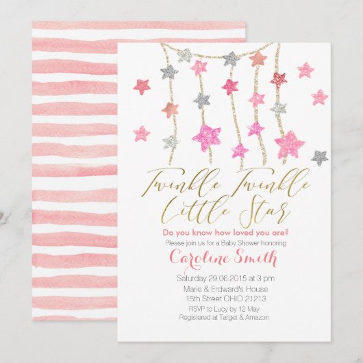 Invitation Baby shower fille Twinkle Stars (Devant / Derrière)