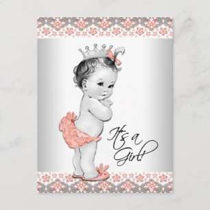 Invitation Baby Shower Fille Vintage Corail et Gris
