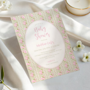 Invitation Baby Shower Fille Vintage Floral Vert Sauge