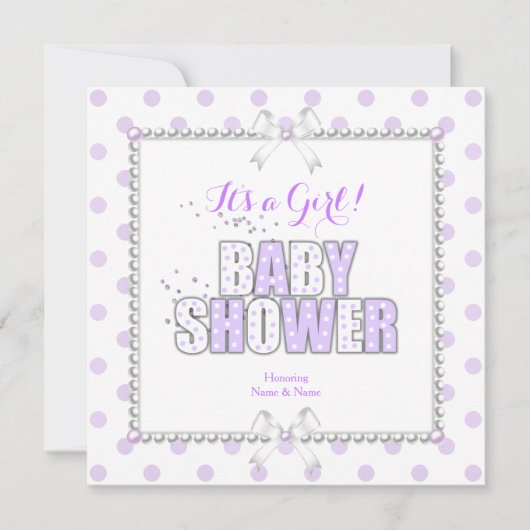 Invitation Baby shower fille violet blanc Pois perles (Devant)
