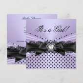 Invitation Baby Shower Fille Violet Noir Dentelle Points (Devant / Derrière)