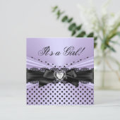 Invitation Baby Shower Fille Violet Noir Dentelle Points (Debout devant)