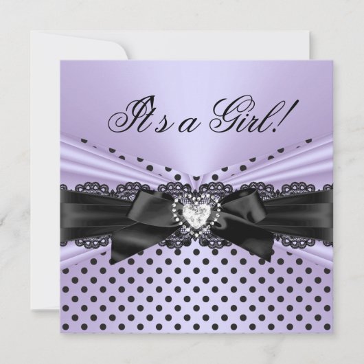 Invitation Baby Shower Fille Violet Noir Dentelle Points (Devant)