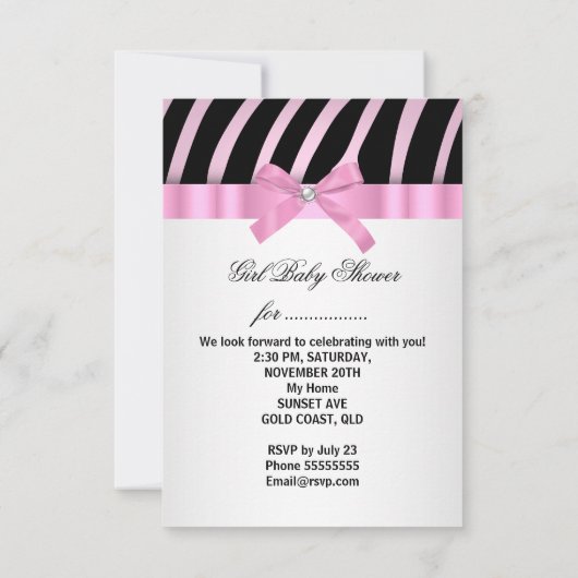 Invitation Baby shower fille Zebra rose (Dos)