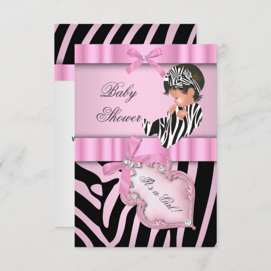 Invitation Baby shower fille Zebra rose noir (Devant / Derrière)