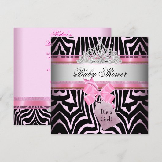 Invitation Baby shower fille Zebra rose princesse noire (Devant / Derrière)
