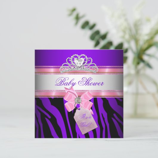 Invitation Baby shower fille Zebra rose violet princesse (Debout devant)