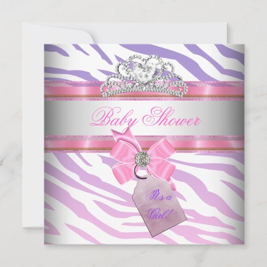 Invitation Baby shower fille Zebra rose violet princesse (Devant)