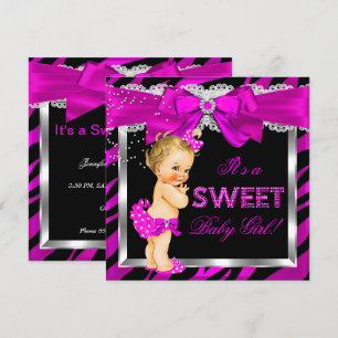 Invitation Baby Shower Fille Zèbre Rose Chaud Bébé Blond