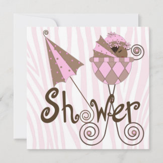 Invitation Baby Shower Fille Zèbre Rose Marron