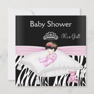 Invitation Baby Shower Fille Zèbre Rose Noir Blanc Princesse