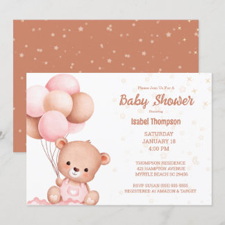 Invitation Baby shower Filles Boloon Ours Teddy