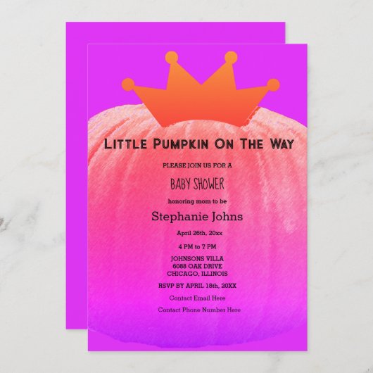 Invitation Baby shower filles Citrouille rose violet code QR (Devant / Derrière)