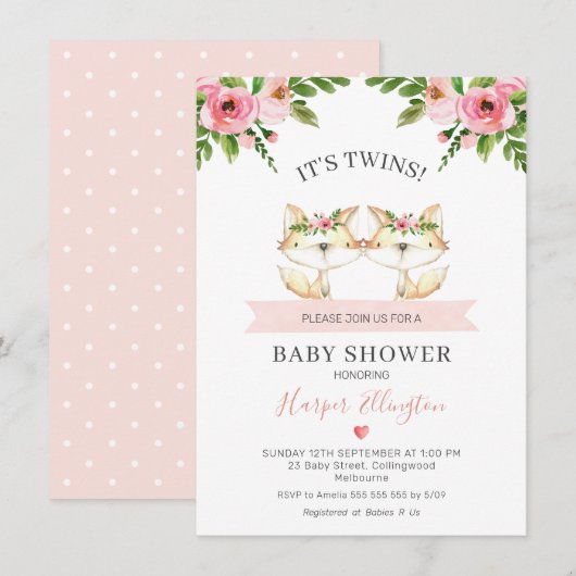 Invitation Baby shower Filles Fleurs Roses Twin Fo (Devant / Derrière)