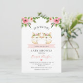 Invitation Baby shower Filles Fleurs Roses Twin Fo (Debout devant)