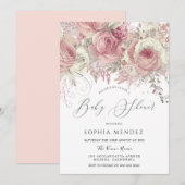 Invitation Baby shower Filles Florales Enchantées Argent & Bl (Devant / Derrière)