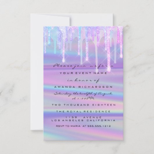 Invitation Baby shower filles gouttes Holographe violet rose (Devant)