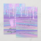 Invitation Baby shower filles gouttes Holographe violet rose (Devant / Derrière)