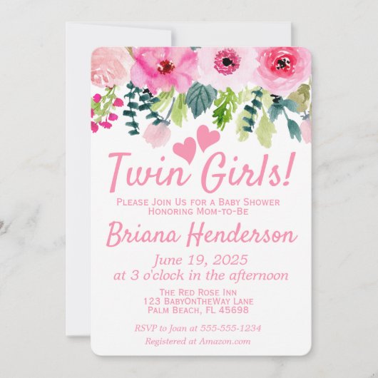 Invitation Baby shower Filles Jumeaux Rose Floral (Devant)