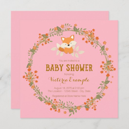 Invitation Baby shower Filles Woodland Fox (Devant / Derrière)