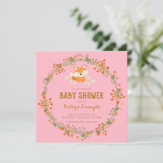 Invitation Baby shower Filles Woodland Fox (Debout devant)