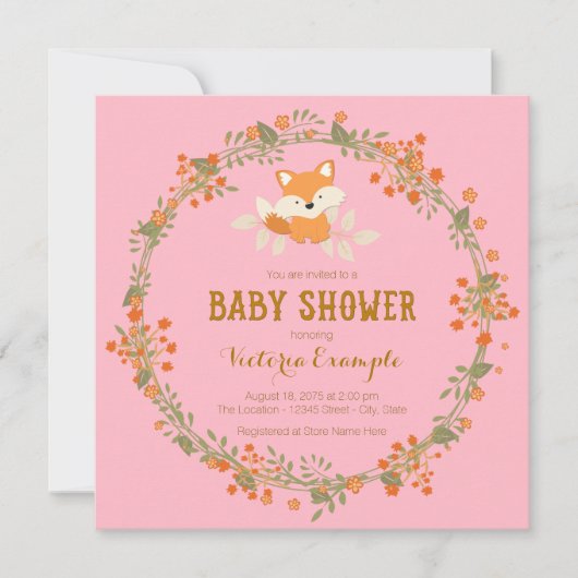 Invitation Baby shower Filles Woodland Fox (Devant)