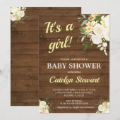 Invitation Baby Shower Filleur Bois Rustique Fleurs Blanches  (Devant / Derrière)