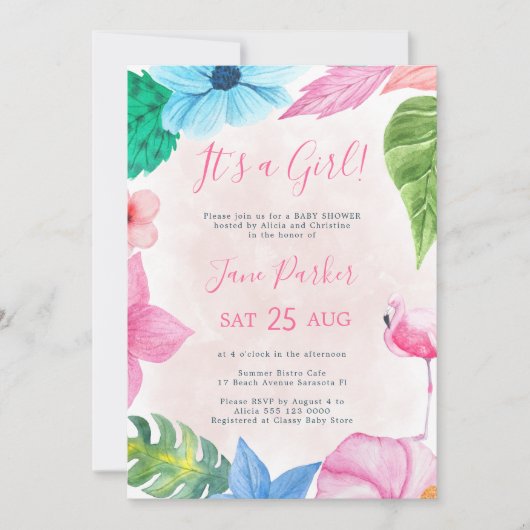 Invitation Baby shower flamand floral tropical (Devant)