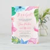 Invitation Baby shower flamand floral tropical (Debout devant)