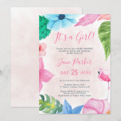 Invitation Baby shower flamand floral tropical (Devant / Derrière)