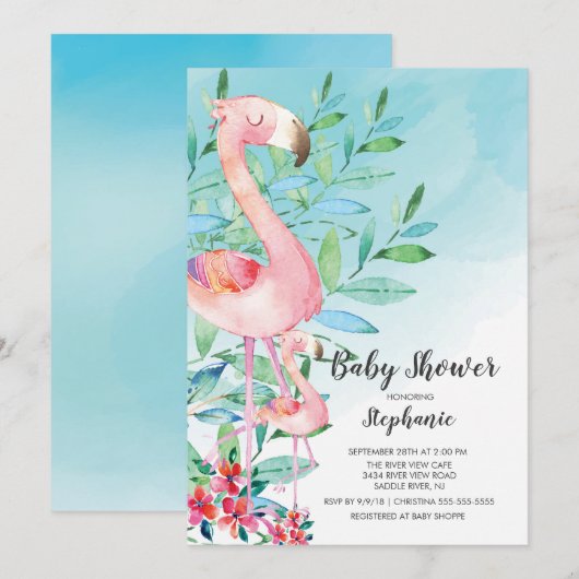 Invitation Baby shower Flamant rose aquarelle (Devant / Derrière)