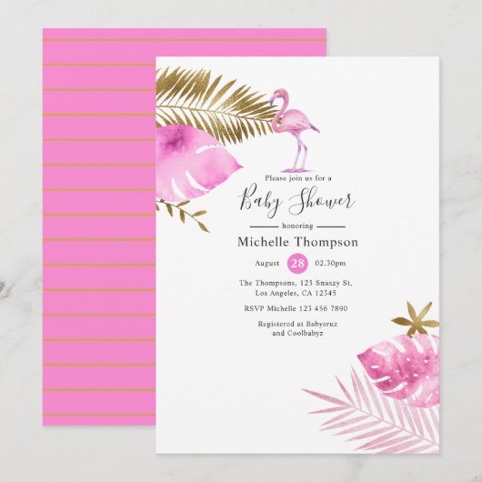 Invitation Baby Shower Flamant Rose et Or (Devant / Derrière)