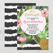 Invitation baby shower Flamant rose, or rose noir tropical (Devant / Derrière)