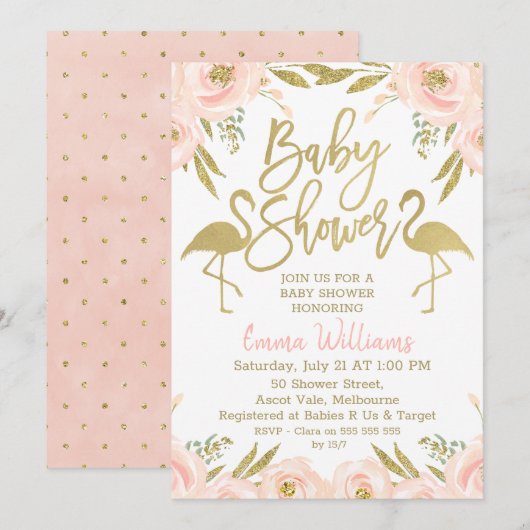 Invitation Baby shower Flamant rose rose or (Devant / Derrière)