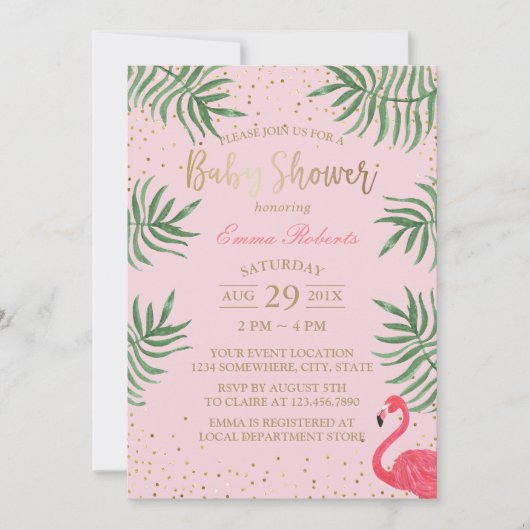 Invitation Baby shower Flamant rose Tropical Gold Confetti (Devant)