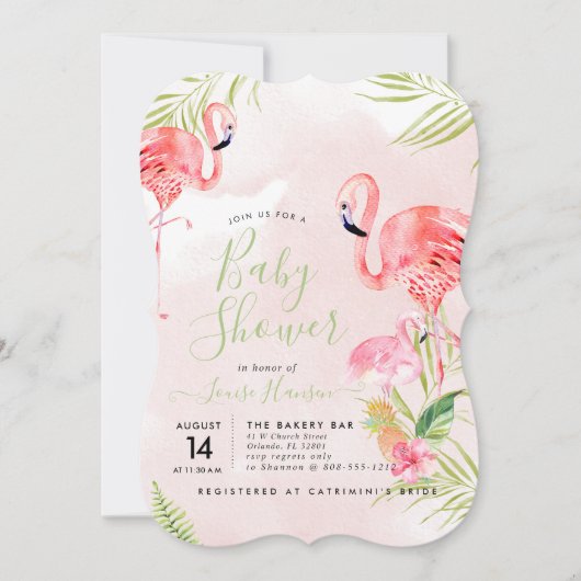 Invitation Baby shower Flamants roses rose aquarelle (Devant)
