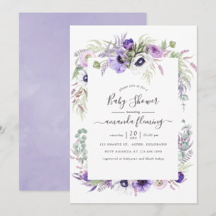 Invitation Baby Shower Fleur Aquarelle Violet Poussiéreux