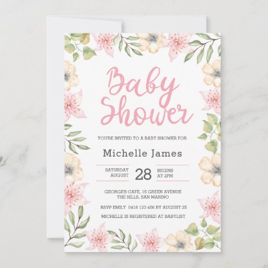 Invitation baby shower | Fleur blanche et rose (Devant)