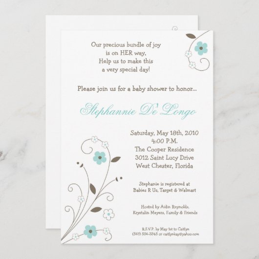 Invitation Baby shower Fleur Bleu Printemps (Devant / Derrière)